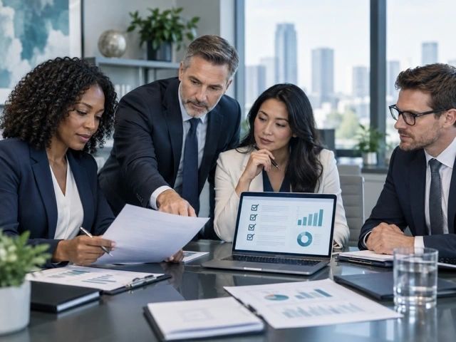 Executives reviewing documents in conference room with cityscape